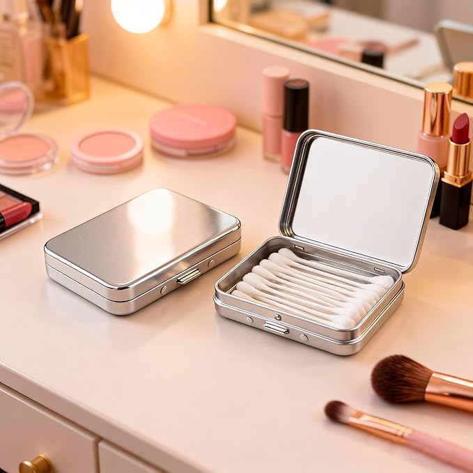 2Pcs Portable Cotton Swab Holder with Mirror, Refillable Dental Floss Case Container, Small Floss Picks Box for Travel,Dates(Silver)