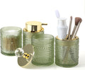 DASITON Bathroom Accessories Set,4Pcs Glass Bathroom Counter Set with Foaming Soap Dispenser,Toothbrush Holder,Bathroom Tumbler,Cotton Swab Jars, for Vanity Bathroom Decor(Green A)