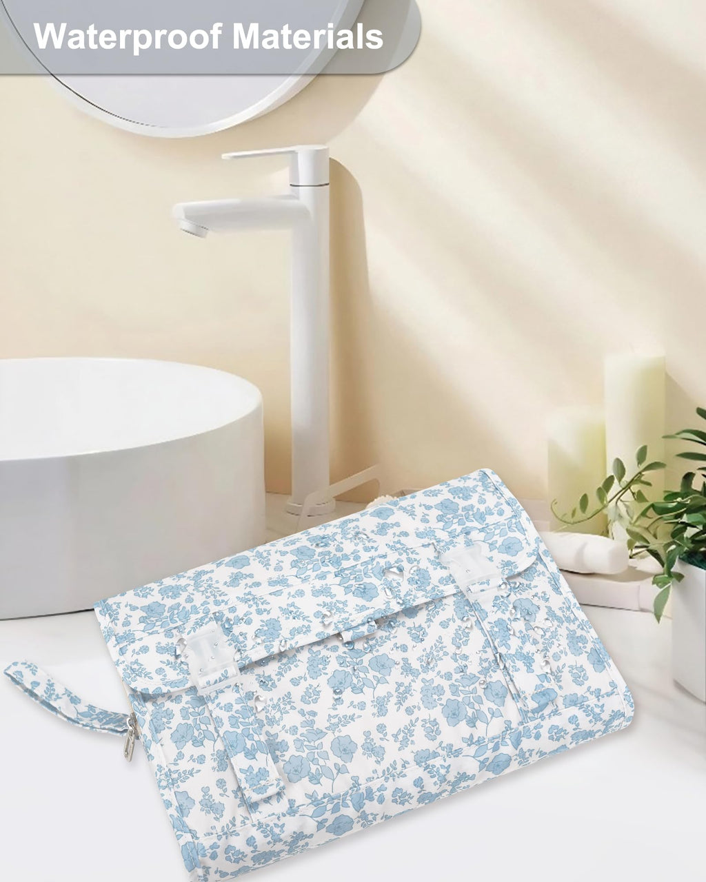 Relavel Travel Toiletry Bag with Hanging Hook, Floral Hanging Toiletries Bag for Women, Large Capacity Makeup Cosmetic Storage Organizer for Full Sized Container, Accessories - Blue Flower
