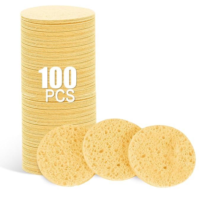 100-Count Facial Sponges Compressed Natural Cellulose Sponge Round Shape Face Sponge for Face Cleansing Exfoliating and Makeup Removal, Yellow