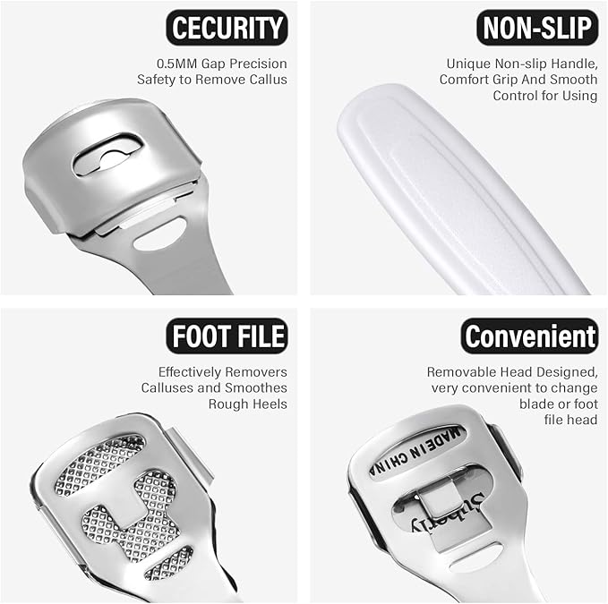 52 Pieces Callus Shaver Set, 50 Replacement Slices Blades 1 Stainless Steel Callus Shaver and 1 Foot File Head Foot Care Tools Hard Dry Skin Remover for Hand Feet