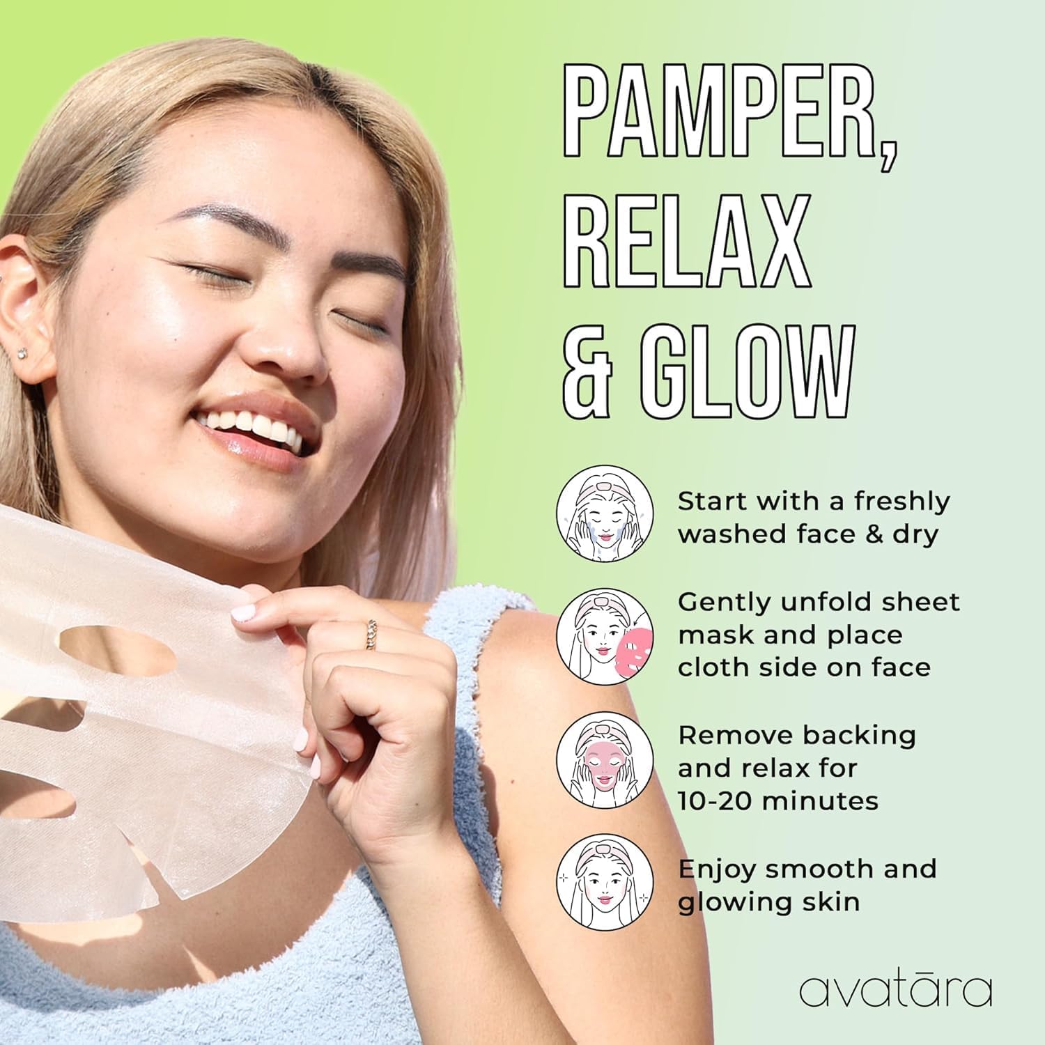 Avatara Chill Out Face Masks, 15 Sheets, Hydrating Aloe Vera, Soothing Skin, Unisex