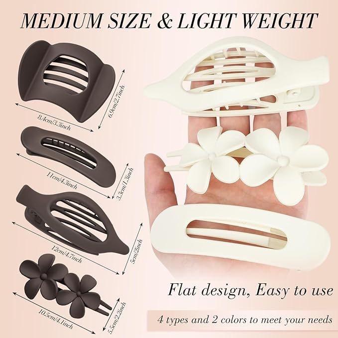Obeoby 8 Pcs Flat Hair Clips for Women, 4 Types French Flat Claw Clips Hair Barrettes Accessories Large Medium (Beige, Dark Brown)