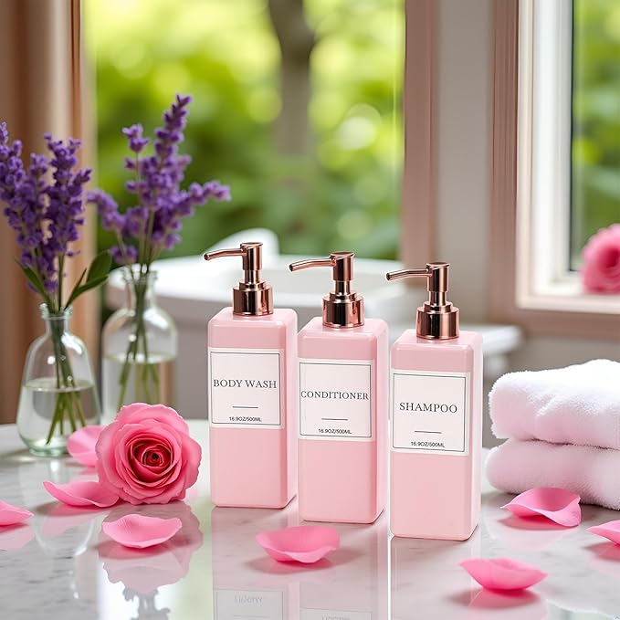 Shampoo and Conditioner Dispenser for Shower, Refillable Shampoo and Conditioner Bottles Body Wash Dispenser with Waterproof Labels, 3PCS Soap Dispenser Bathroom Pink Rose Gold Empty Pump Bottle