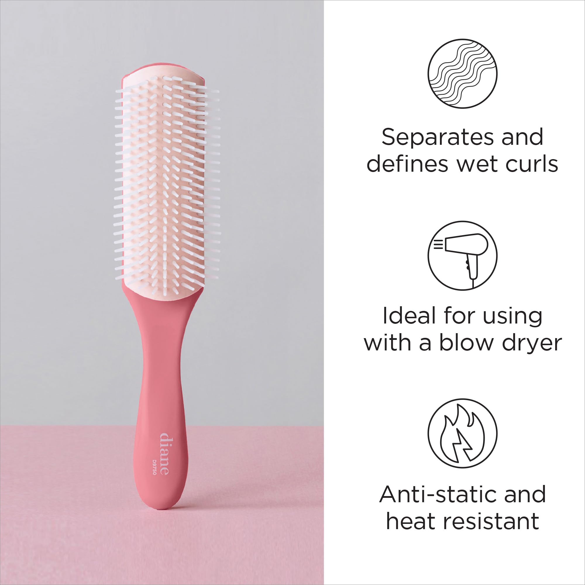 Diane Pro Nylon Pin Styling Hairbrush for Detangling, Separating, Shaping, and Defining Wet or Curly Hair, Heat-Resistant, Anti-Static, Hair Care Essential, Pink