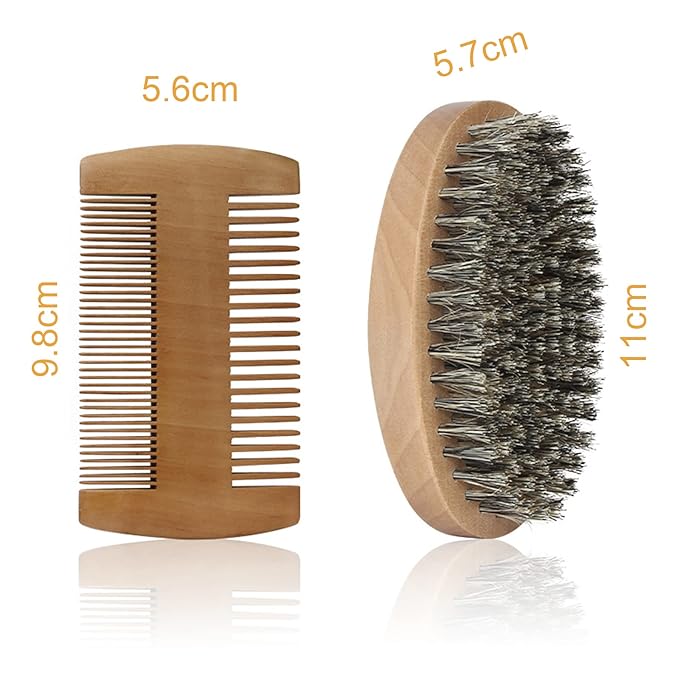 Fan Wu Beard Brush & Wood Comb Set with Velvet Travel Pouch – Natural Boar Bristle Grooming Kit, Anti-Static, No Shedding (Unlike Metal/Plastic Kits) for Beard, Mustache & Hair – Gift for Men