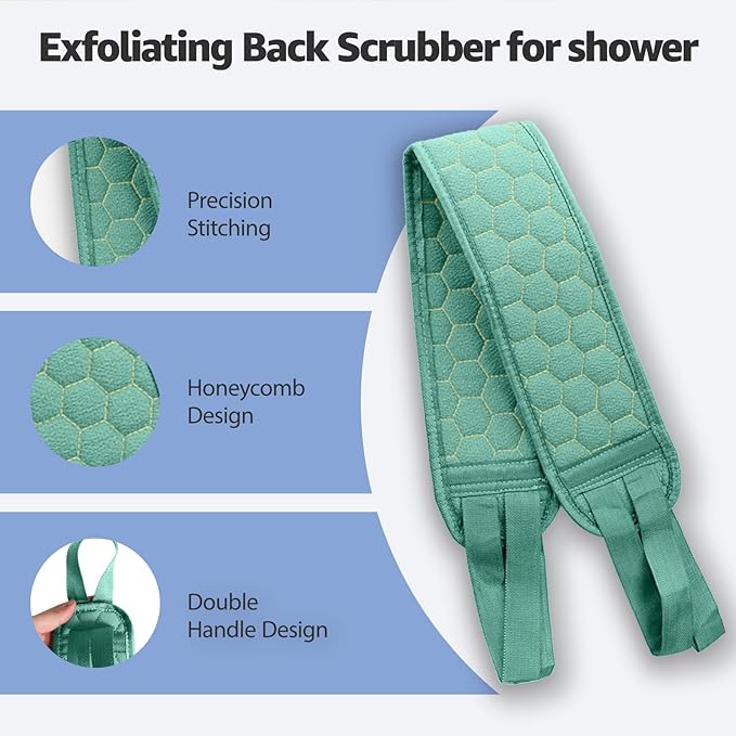 XNXA Back Scrubber for Shower with Handles, 40 Inch Extra Long Double-Sided Exfoliating Bath Strap, Textured Body Washer with Extended Reach for Deep Cleaning (Green)