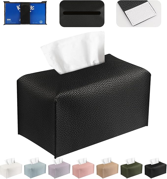 PARIERIS Tissue Box Cover PU Leather Tissue Holder Rectangle Facial Tissue Case Tissue Box Organizer Dispenser for Bathroom, Kitchen, Home, Office, Tabletop (Black, Short)