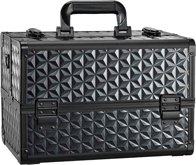 Joligrace Makeup Train Case Professional Cosmetic Organizer Aluminum Storage Box with 4 Adjustable Dividers Trays Lockable Portable with Shoulder Strap - Black