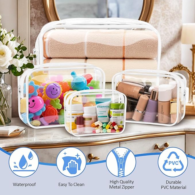 CHICAUP Clear Makeup Bags Plastic Cosmetic Bag TAS Toiletry Bag for Travelling PVC Clear Pouch Organizer Bag for Women (4, white, Multisize)