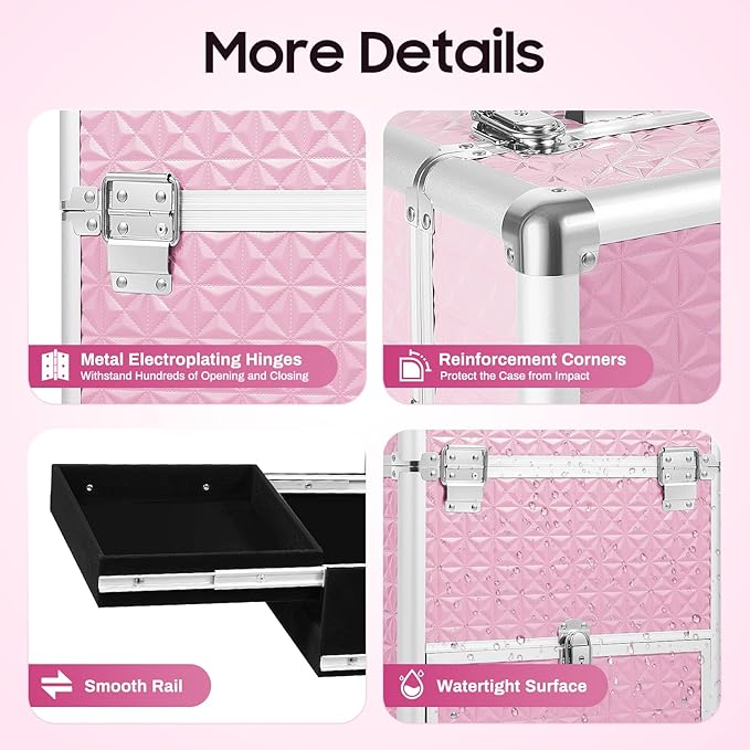 GUEYYSAN Rolling Makeup Case, Nail Storage Box with Wheels Portable Makeup Trolley for Beauty Studio Hairdressers Nail Technician (Pink)