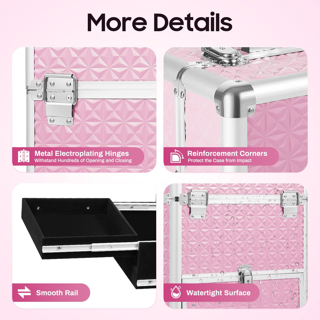Fronimo Pink Rolling Makeup Case with 4 Trays and Large Drawer Nail Travel Case on Wheels for Professional Stylists Portable Beauty Organizer