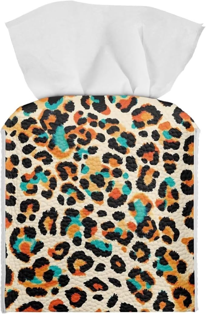 Leopard Print Tissue Box Holder Stylish Leather Square Tissue Box Cover with Top Handle Waterproof Napkin Case Holder Home Office Bathroom Decor