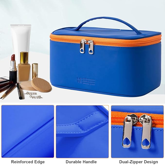 Meiyuuo Travel Makeup Bag for Women, PU Leather Cosmetic Bag, Navy Blue