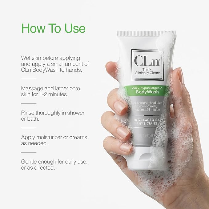 CLn® BodyWash –Non-Drying Body Wash Preserved with Sodium Hypochlorite, For Compromised Skin Prone to Eczema, Dermatitis, Rash & Hidradenitis Suppurativa, Fragrance-Free & Paraben-Free, 3 fl oz
