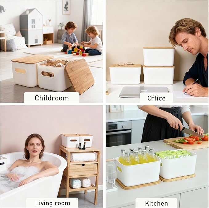 Citylife Storage Bins with Bamboo Lids 6QT Plastic Storage Containers Stackable Organizer Boxes with Handle for Desk Snacks, Toys, 4 PCS, 10" L x 7" W x 6.18" H