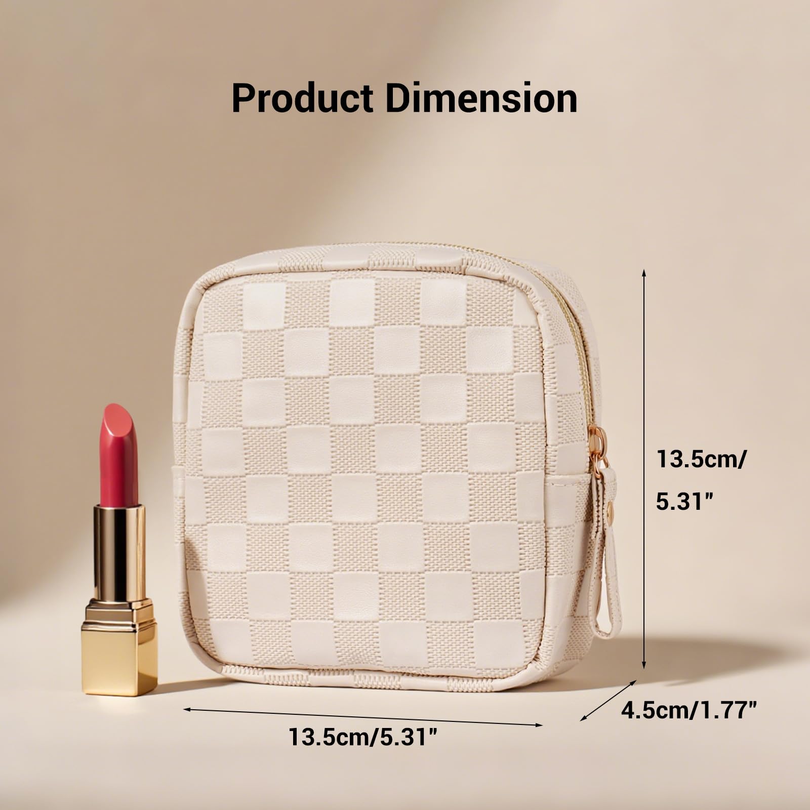 MAGEFY Small Makeup Bag for Purse, Checkered Makeup Bag Small Pouches for purse Leather Mini Make Up Bag Cute Cosmetic Bag for Women with Slip-in Pockets.Beige