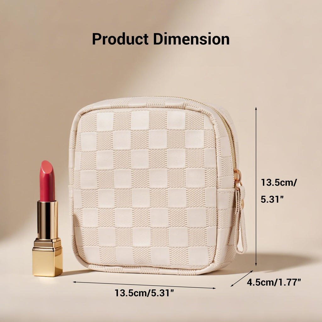MAGEFY Small Makeup Bag for Purse, Checkered Makeup Bag Small Pouches for purse Leather Mini Make Up Bag Cute Cosmetic Bag for Women with Slip-in Pockets.Beige