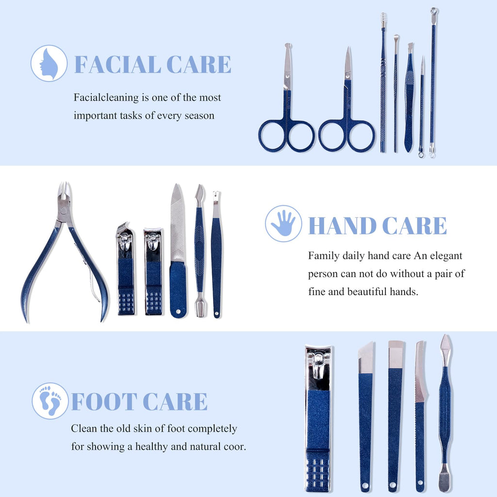 Manicure Set Pedicure Kit Nail Clippers Set Fingernail Clipper Set Ingrown Toenail Nail Kit Scissor Nail Trimmer Kit 18 Pieces Women and Men’s Care Grooming Tools with Fine Case (Dark Blue_18 Pieces)
