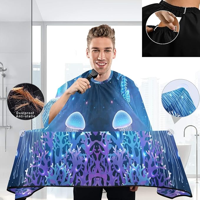 visesunny Barber Cape Magic Glowing Blue Jellyfish Polyester Hair Cutting Salon Cape Apron Anti-Static Haircut Shaving Cloth Beard Shaving Bib Hairdressing Cape