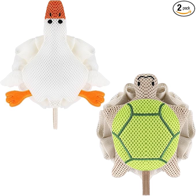 Vesici 2 Pcs Loofahs for Kids Children's Bath Loofahs Girls Toddler Cute Cartoon Bath Sponges Loofah Pouf Body Scrubber Mesh Sponges for Shower Washing Exfoliating (Turtle,Goose)