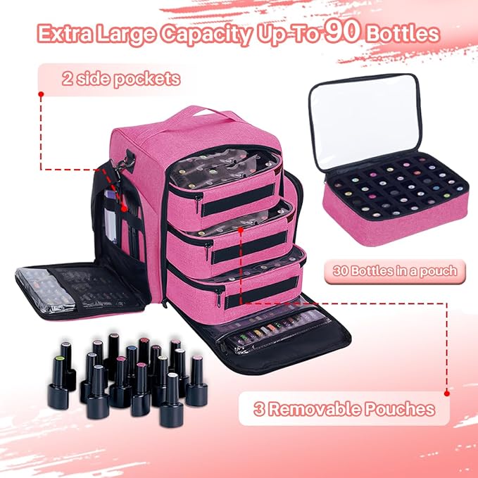 UOZL Nail Polish Organizer Case Hold 90 Bottles with 3 Detachable Bag,Red