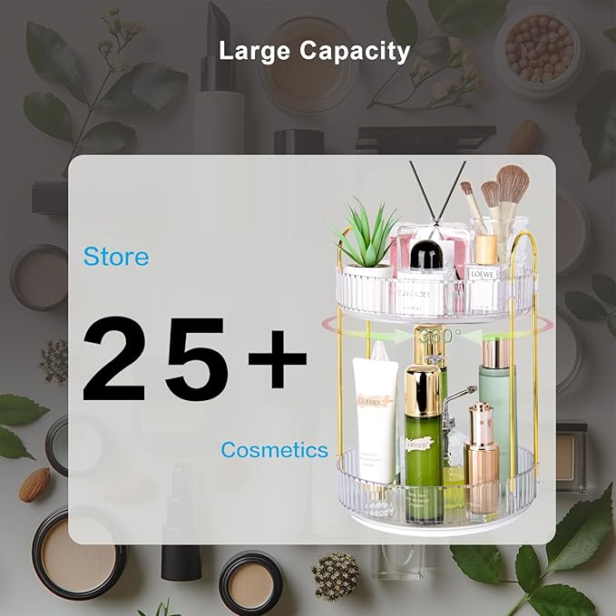 Niluks 360 Rotating Makeup Organizer - Large Capacity Spinning Perfume & Cosmetic Skincare Holder for Countertop (Pearl White, 2 Tier)