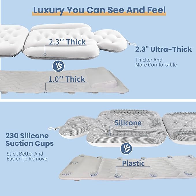 Luxury Bath Cushion, Full Body Bathtub Pillow with 160 Suction Cups, Bath Mat for Head and Neck Support, with Laundry Bag (White, 60" x 16")