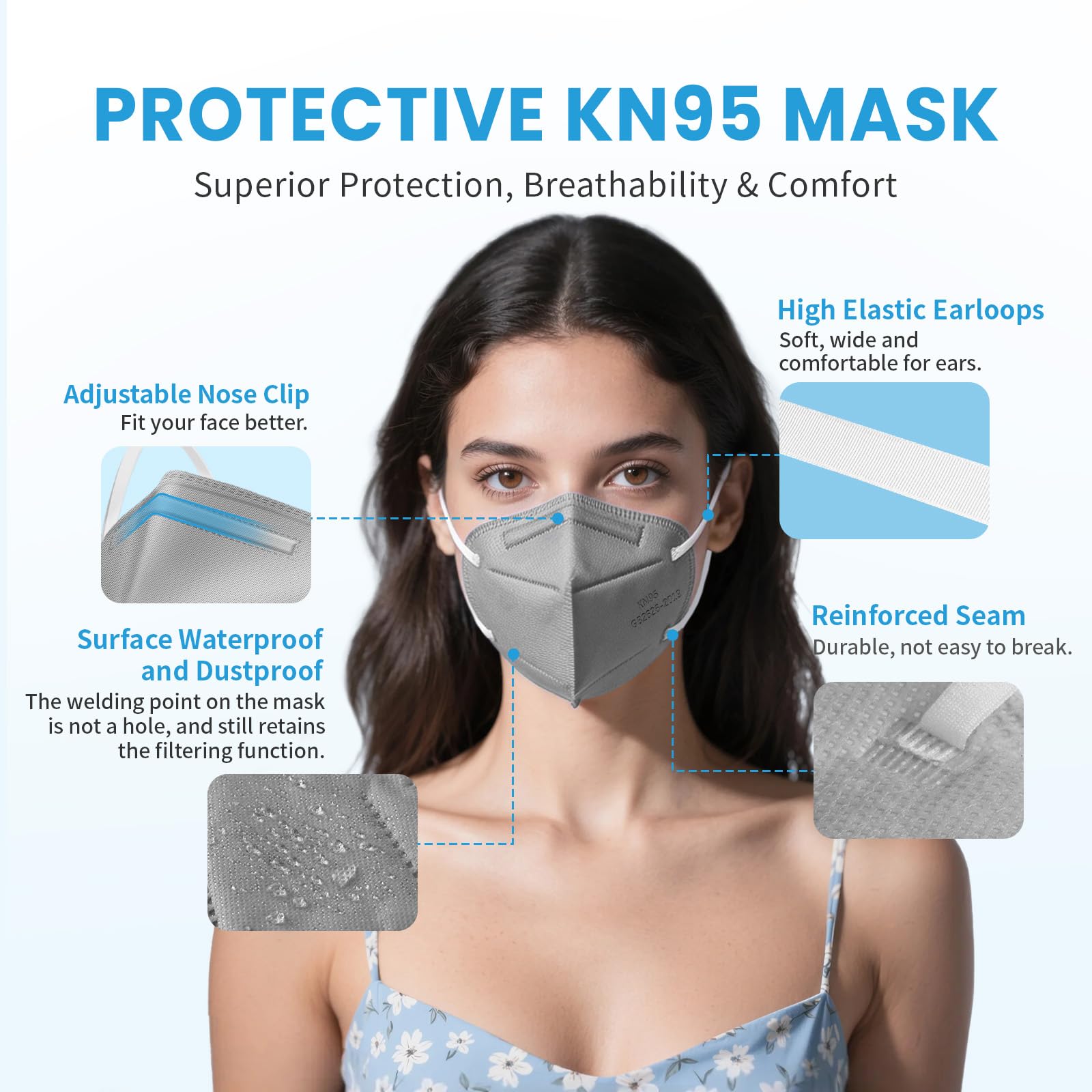 akgk KN95 Face Mask, Breathable Protection Masks, 5-Ply KN95 Multicolor Masks, Cup Dust Safety Masks 50 PCS(Black, White, Grey, Purple, Navy Blue)