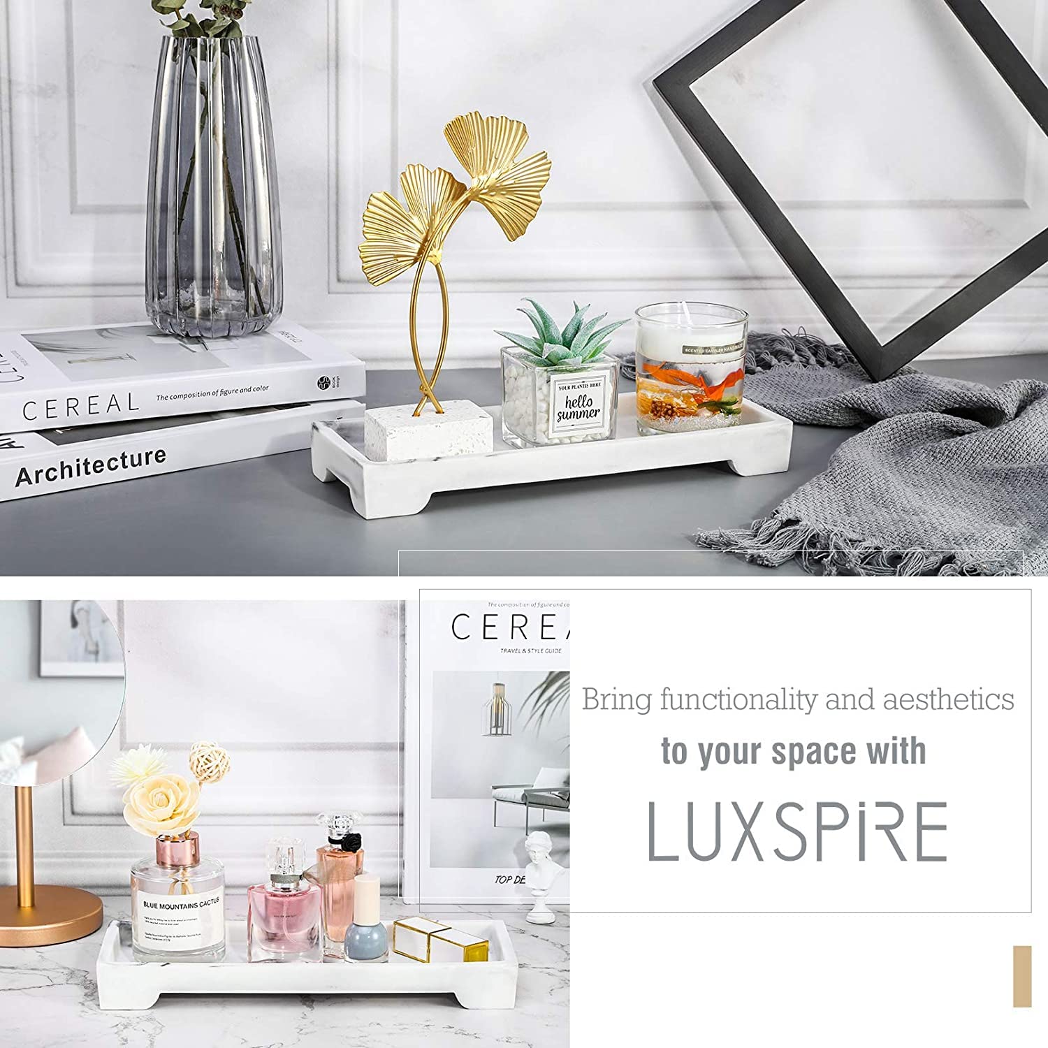 Luxspire Marble Tray for Soap Dispenser Perfume Jewelry, S, Gravel White