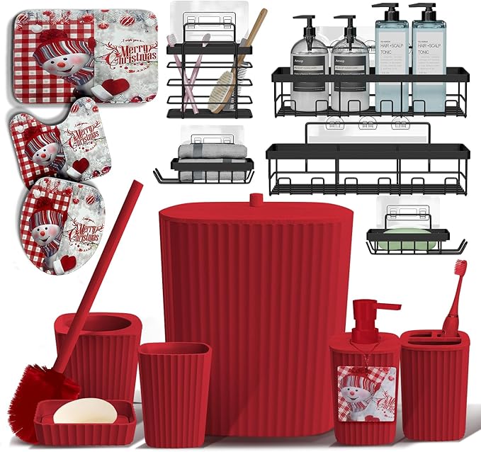 Clara Clark Bathroom Set - Christmas Bathroom Sets, Xmas Bathroom Accessories Set, 6PC Bathroom Accessory Set with Toilet Brush, Trash Can & Soap Dispenser