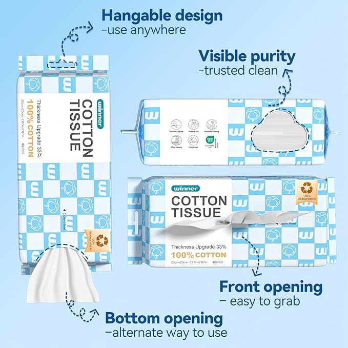 Winner Soft Face Towels, Upgraded Thicker 100% USDA Biobased Facial Towels with Hangable Design, Unscented and Gentle on Sensitive Skin, Disposable Facial Towelettes (80 Count, Pack of 1)