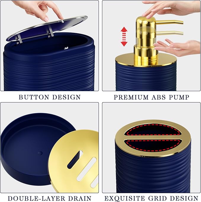 InnJoey Bathroom Set, 10PC Bathroom Accessory Set, Blue Bathroom Accessories, Navy Blue and Gold Bathroom Set with Trash Can, Soap Dispensers