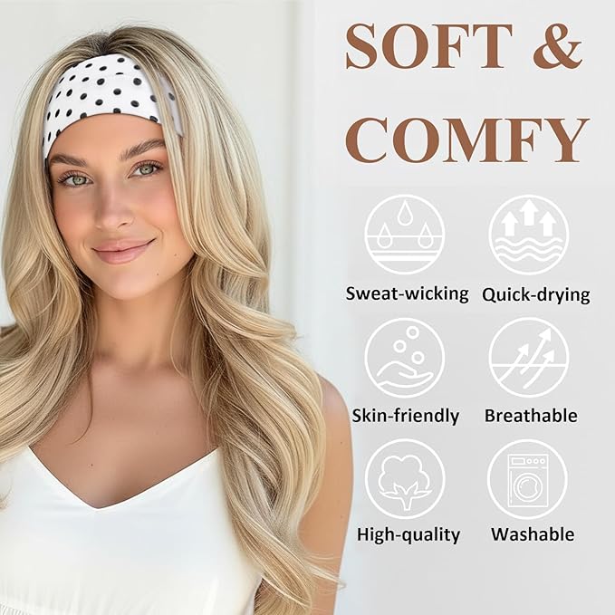 Huachi Polka Dot Headbands for Women Non Slip 16 Pack Elastic Sports Hair Bands for Women, Soft Cotton Cloth Headband for Workout Yoga Fashion Hair Accessories
