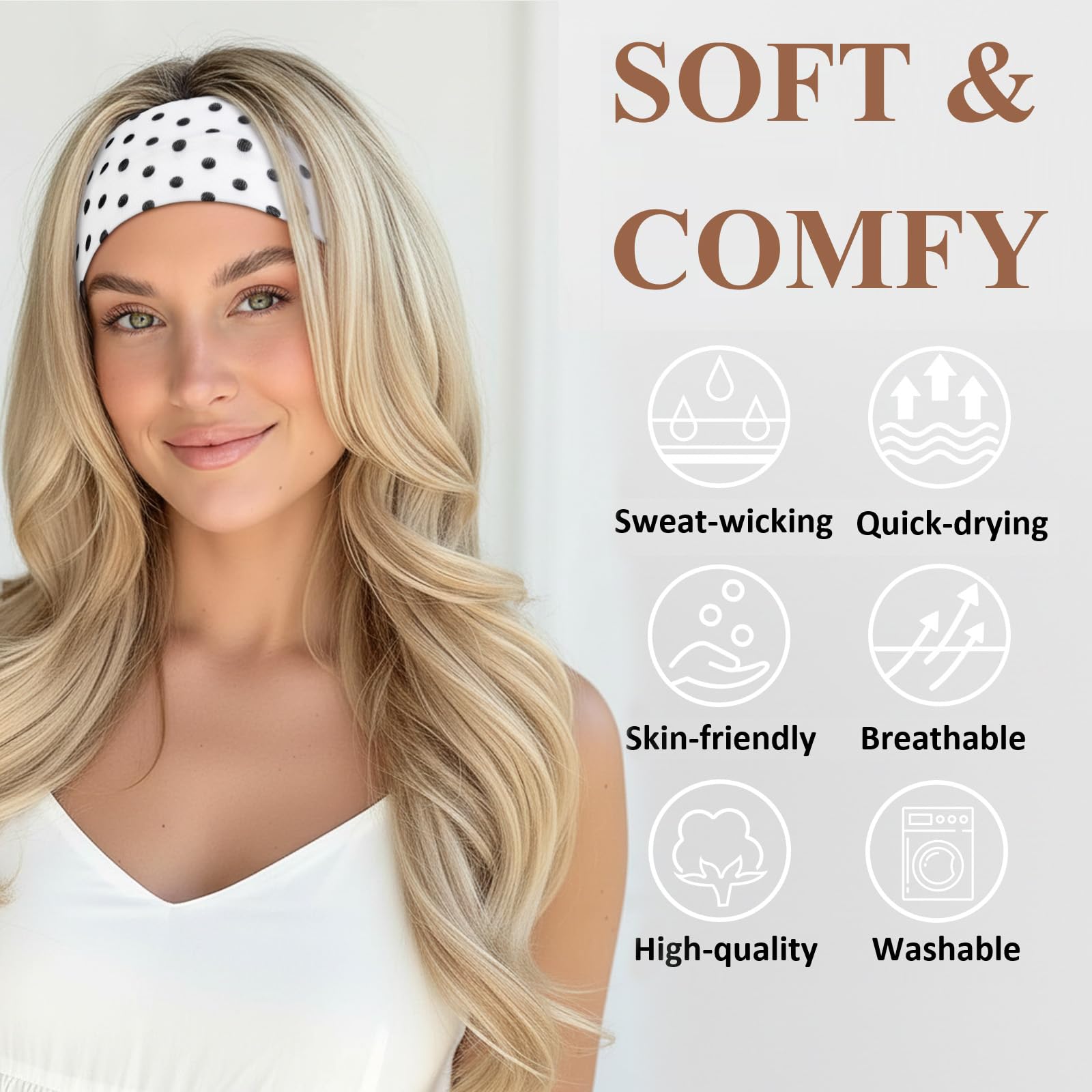 Huachi Polka Dot Headbands for Women Non Slip 16 Pack Elastic Sports Hair Bands for Women, Soft Cotton Cloth Headband for Workout Yoga Fashion Hair Accessories