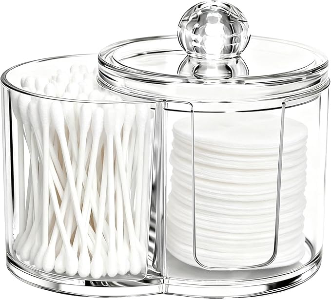 Axrivonte Qtip Holder Dispenser,Dual-Compartment Cotton Swab & Cotton Pad Organizer with Removable Dustproo-f Lid,Compact Countertop Storage Container(Clear)