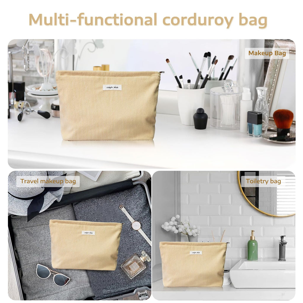 Wudygirl Makeup Bag,Large Capacity Cosmetic Travel Bag,Cute Corduroy Toiletry Bag for Women,Makeup Bag Organizer Handbags Purses Zipper pouch(Light Yellow)