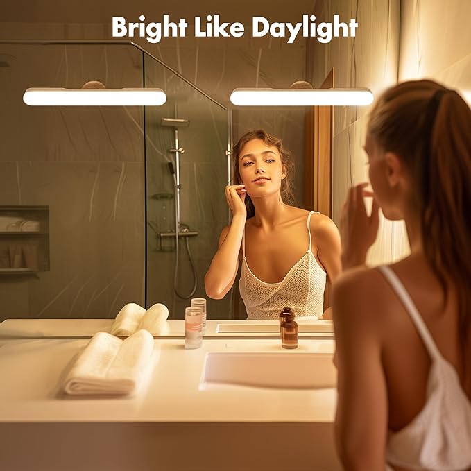 cambk Set of 2 Wireless Vanity Makeup Lights for Mirror, Rechargeable LED Stick On Light Bar for Bathroom Mirror with Dimmable 3 CCT, Long Battery Life Cordless Light for Vanity Desk(Light Brown)