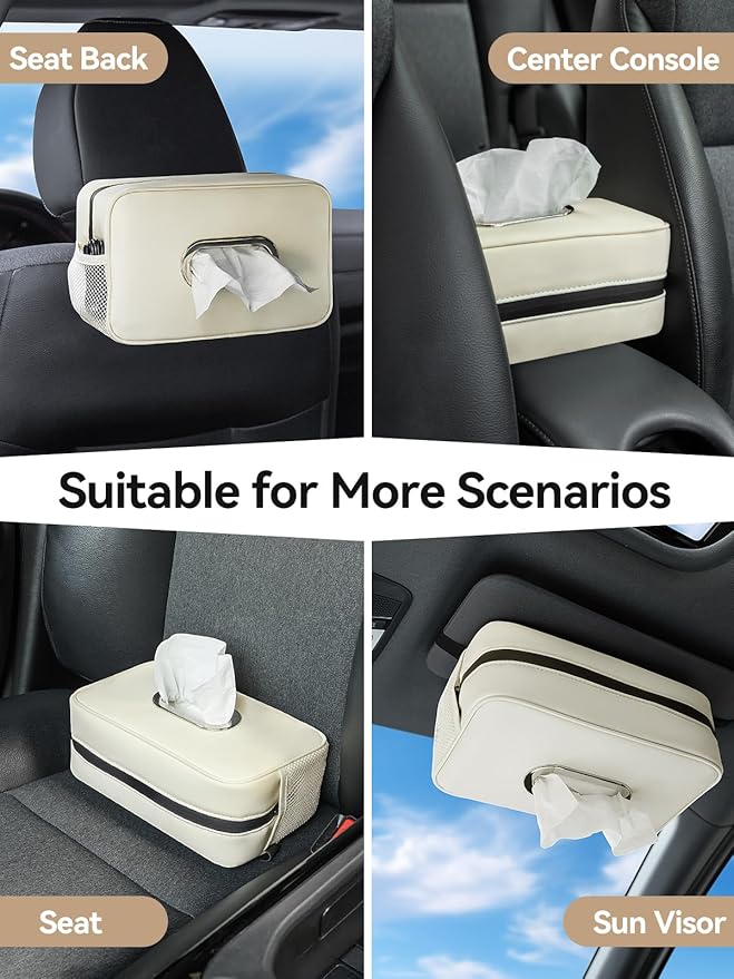 2 Pack Multi-functional Car Tissue Holder with ‌2 Tuck Nets, Upgraded PU Leather Tissue Box Cover, Large Rectangle Napkin Storage Organizer, Keep Car Tidy, White