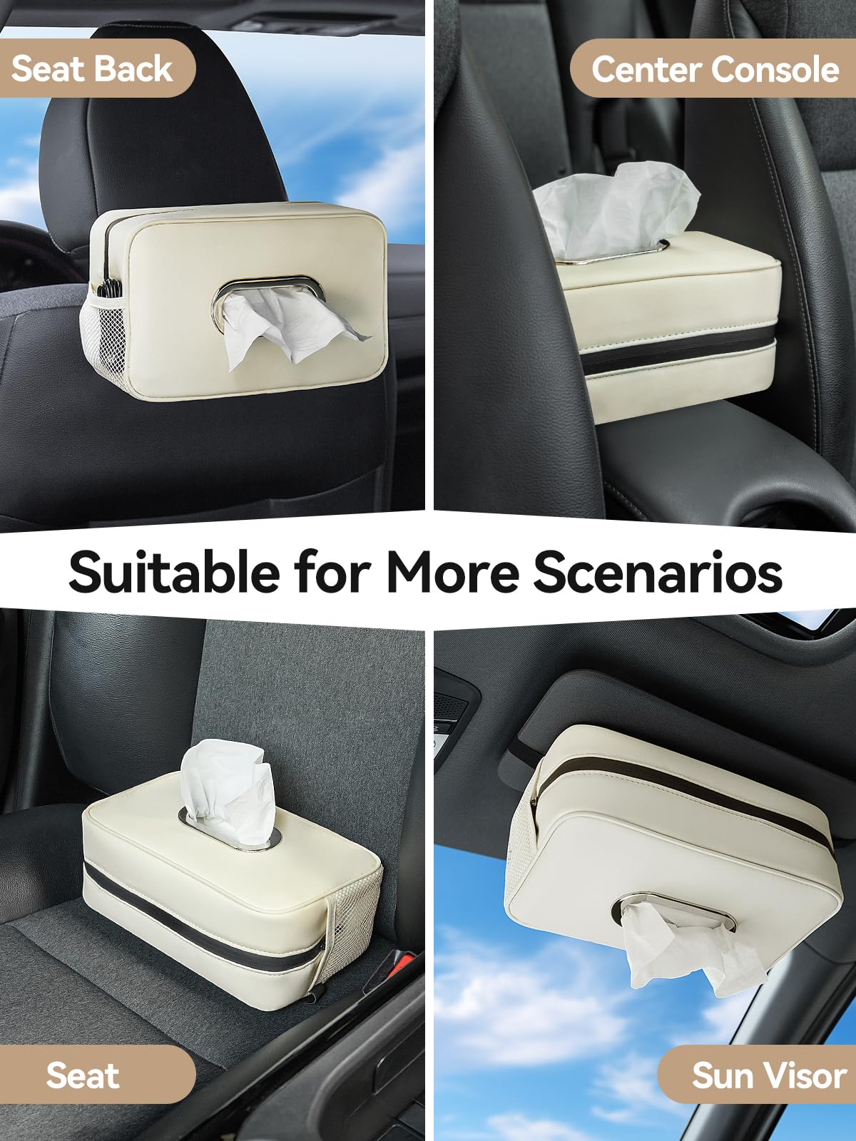 Multi-Functional Car Tissue Holder with ‌2 Storage Nets, Tissue Box Cover
