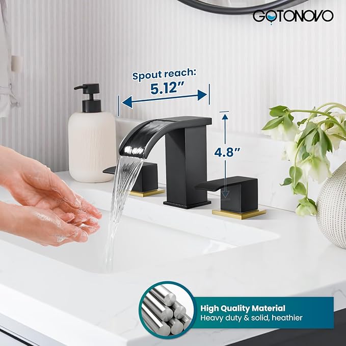 gotonovo Waterfall 8 inch Widespread Bathroom Faucet Set Bathroom Sink Faucet 3 Hole 2 Handle Vanity Lavatory Deck Mount with Pop Up Drain and Water Supply Lines Square Body Matte Black & Brushed Gold