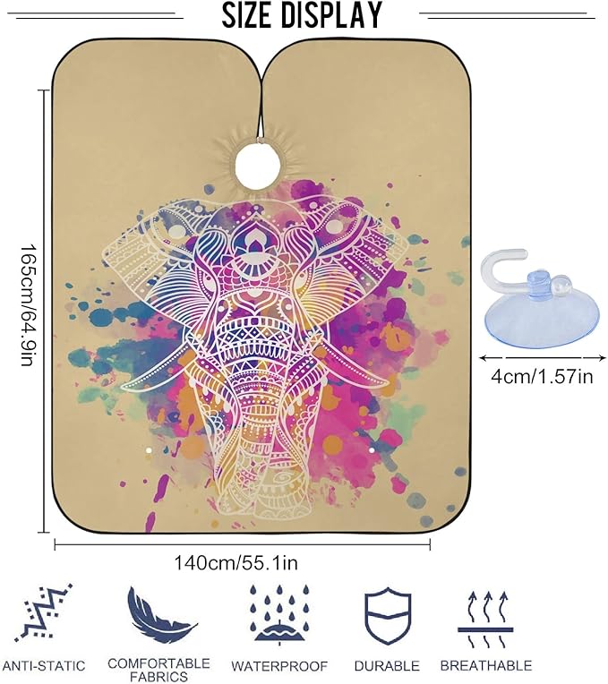 Visesunny Barber Cape - Vintage Elephant Colorful Tattoo Polyester Hair Cutting Salon Apron Anti-Static Haircut Water-Resistant Shaving Cloth Beard Shaving Bib