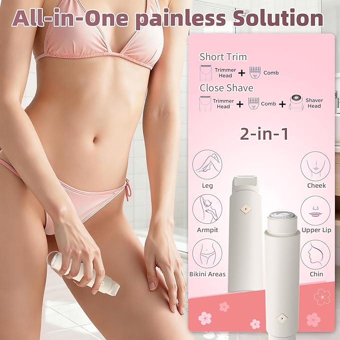 Bikini Trimmer for Women, Cordless Dual-Head Electric Razor Painless Hair Removal, Waterproof Lady Dermave Shaver for Body Facial Bikini Private Area (White)
