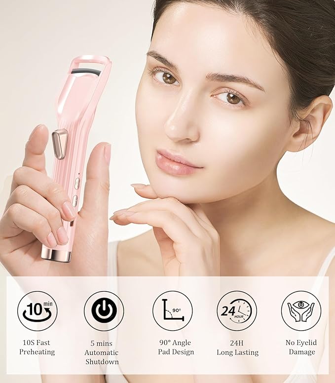 Heated Eyelash Curler Premium PRO - Fast Heat up in 8s - 24 Hours Long Lasting - Rechargeable Electric Eyelash Curler with Type-C, Innovative L Silicone, 2 Heat Modes, Anti-Burn Eyelid, Pink-GB