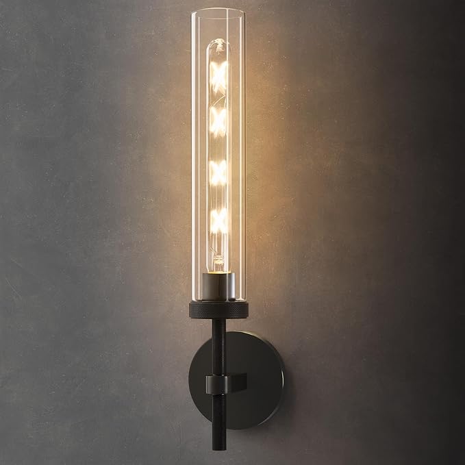Brass Knurled Tube Wall Sconce - Luxury Modern Glass Sconces with Bulbs - Black Dimmable Indoor Lighting - Vertical Mounted Light Fixture for Vanity Mirror Bathroom Bedroom Living Room Hallway