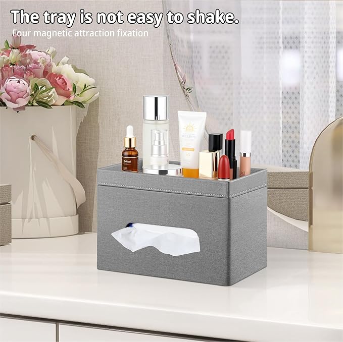 YAPISHI Large Tissue Box Cover Rectangle with Tray Storage, PU Leather Facial Tissue Holder, Fits 230-Count Family Size Kleenex, Modern Nightstand Organizer for Bathroom Office Home Decor