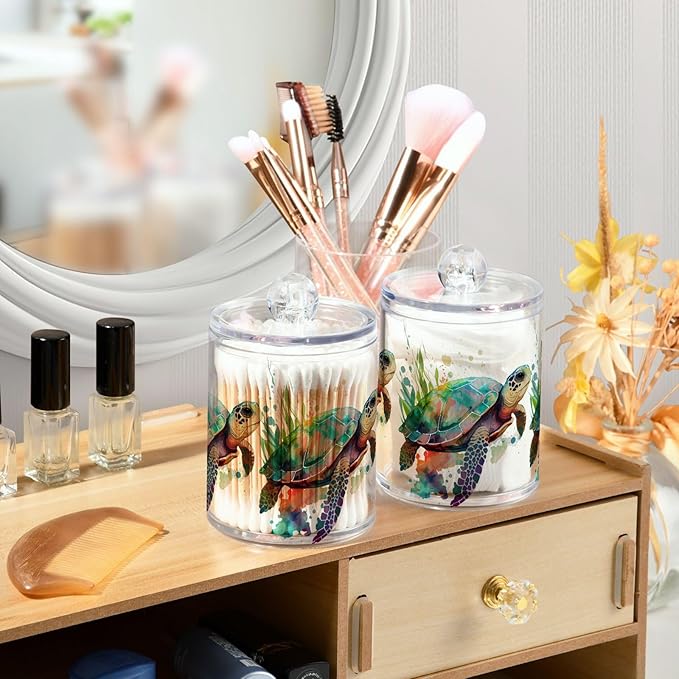 4 Pack Qtip Holder Dispenser Turtle Watercolor Cotton Ball Cotton Swab Round Pads Floss Clear Bathroom Storage Containers Plastic Apothecary Jars with Lids