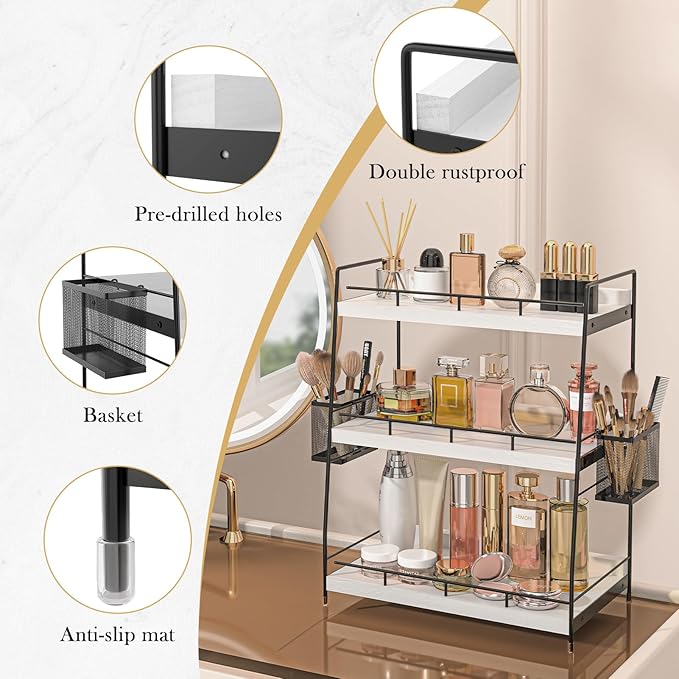 BSTSLL Bathroom Counter Organizer,Bathroom Countertop Organizer with Baskets,Vanity Organizers,Counter Shelf,Countertop Storage, Makeup Organizers(White)