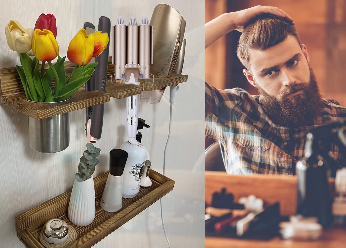 MRPAPA Hair Tool Organizer Wall Mount 2 Layer Wooden Blow Dryer Holder