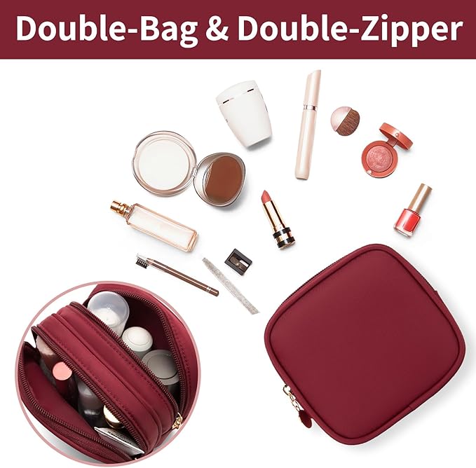 XIAOLER Small Makeup Pouch, Double Zipper Cosmetic Bag, Travel Makeup Bag, Cute Makeup Bag for Purse, Mini Toiletry Bag (red)